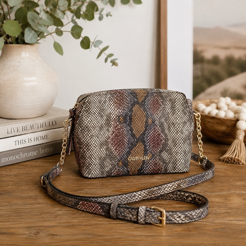 Calvin Klein Crossbody Bag Multi-Color Snakeskin Faux Leather Gold Hardware - Picture 1 of 16